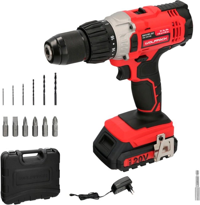 20 V Schraubendreher-Bohrmaschine. Mit 2 Geschwindigkeiten und Hammer. Batterie 2 Ah. Anzugsdrehmoment 50 Nm.