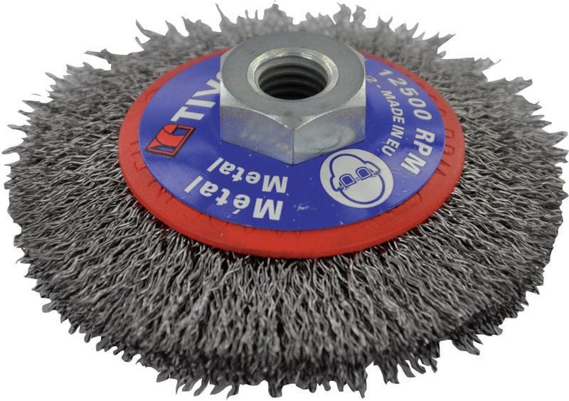 Konische Bürste • Gewellter Stahldraht • Ø100 mm • M14-Bohrung • Zum Abisolieren von Metall - Tivoly