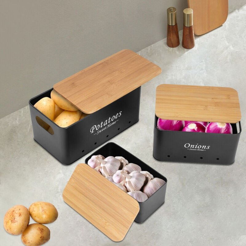 Senderpick - 3tlg Kartoffeln Zwiebeln Metall Aufbewahrungsbox Bambus Deckel Container-Sets