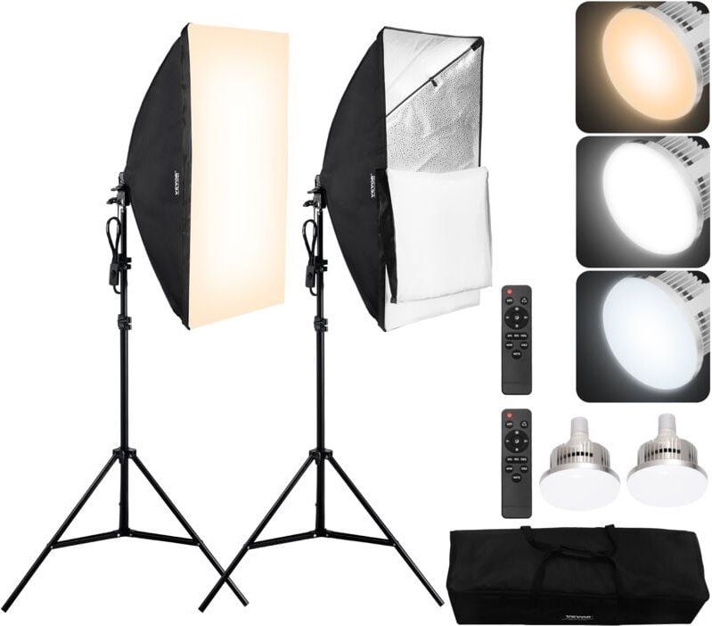Softbox-Set, 500 x 700 mm, Profi Fotostudio Set mit 45 w 3000–6500 k LED-Birnen, 3 Dauerlichteffekte, Stativständer, Fer...