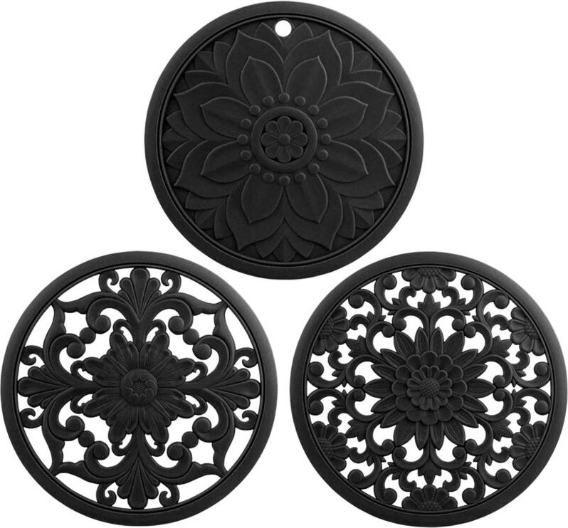 Untersetzer für heiße Gerichte, Topflappen aus Silikon für die Küche, hitzebeständig, 3er-Set, schwarze runde Untersetze...