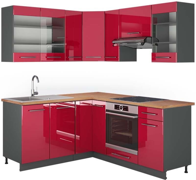 Vicco - Eckküche Fame-Line, Bordeaux Hochglanz/Anthrazit, 160 x 190 cm , ap Eiche