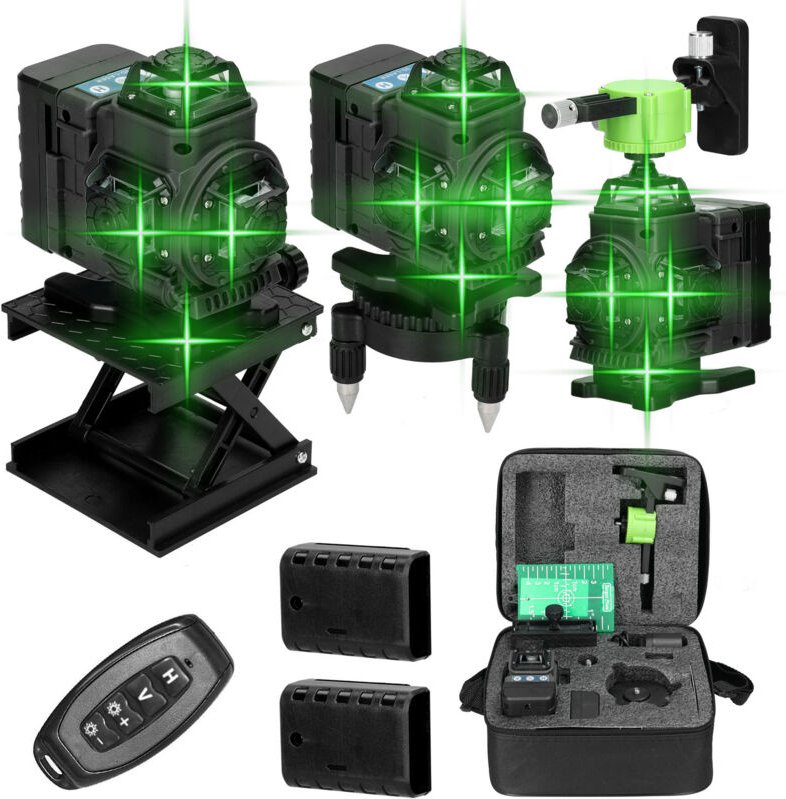 Grüner 360°-Laser, 4D-Kreuzlaser mit 16 Linien, selbstnivellierend, 2 x Batterie, Entfernung 30 m, Fernbedienung, Magnet...