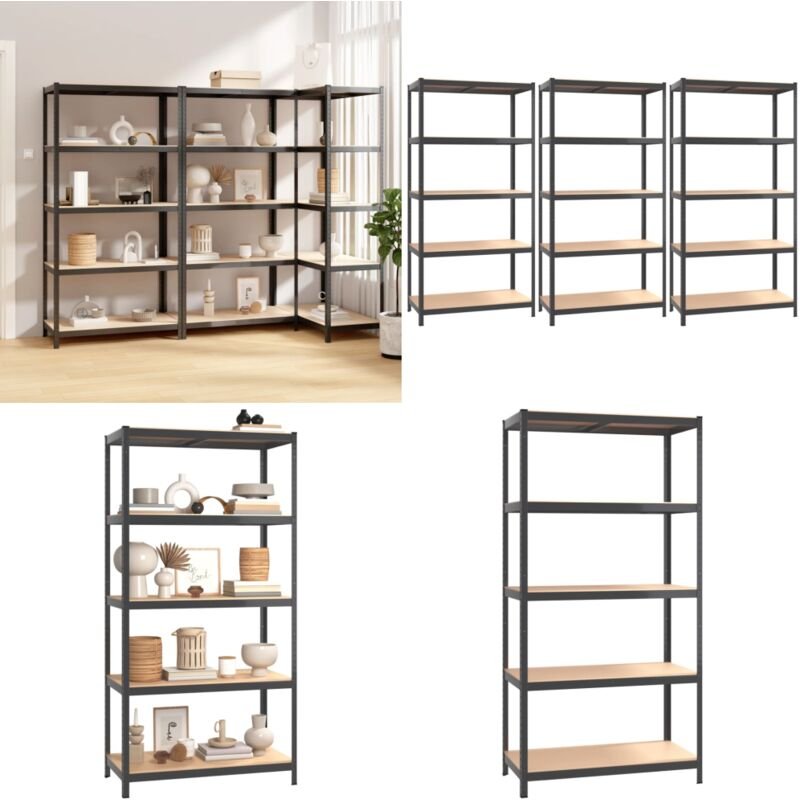 Regale mit 5 Böden 3 Stk. Anthrazit Stahl & Holzwerkstoff - Lagerregal - Industrielles Regal - Metallregal - Holzelement...
