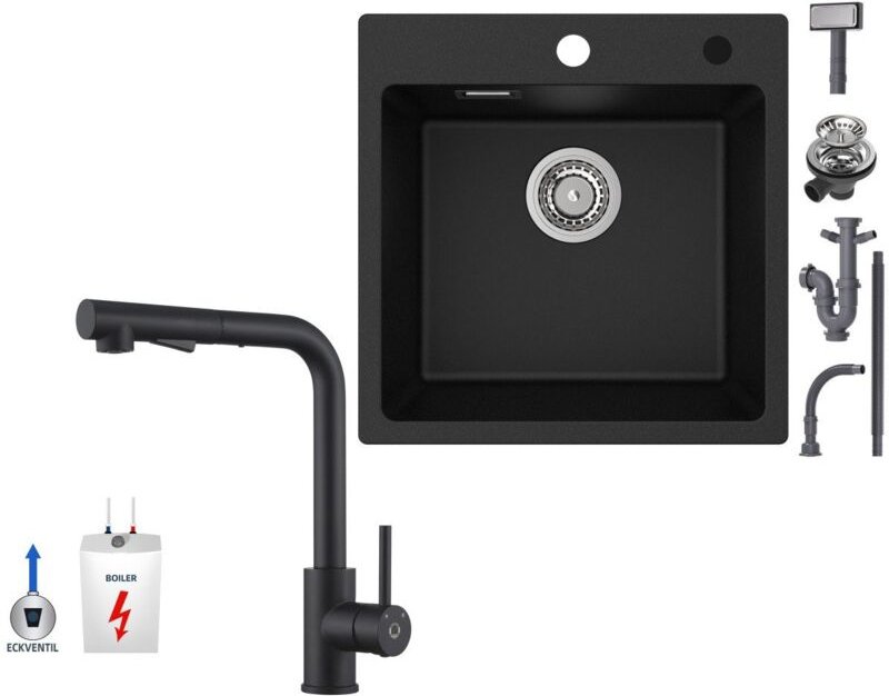 Cecipa Max - 45×45cm Aufsatzspüle für die Küche Anthrazitschwarz Granitspüle mit Schwarz Ausziehbarer Küchenarmatur Nied...