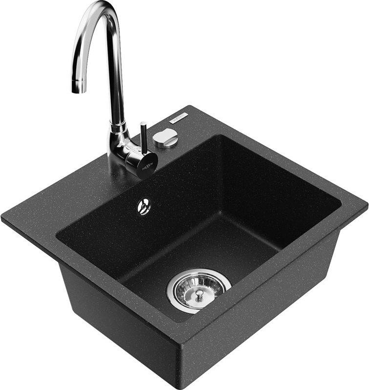 Mexen Milo 1-Becken-Granit-Spüle mit Mischbatterie Telma, Schwarz/Silber - 6505-73-670200-00