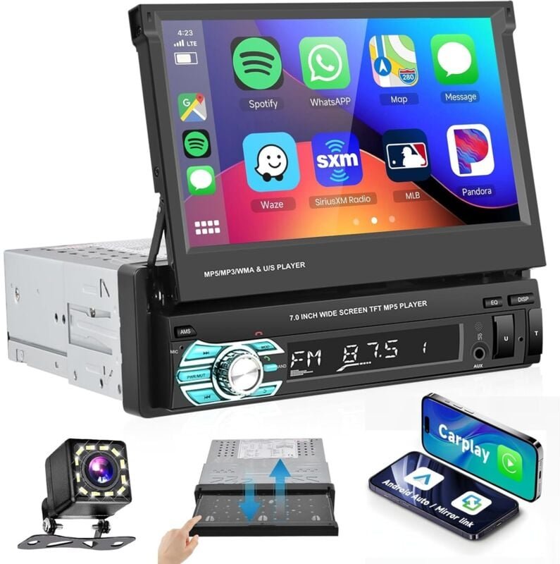 1-Din-Autoradio, kompatibel mit Carplay und Android Auto, 7-Zoll-HD-Touchscreen mit Mirror Link, Rückfahrkamera, Lenkrad...