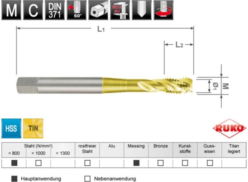 RUKO Maschinengewindebohrer M DIN 371 HSS-TiN M 3, Form C / 35° RSP