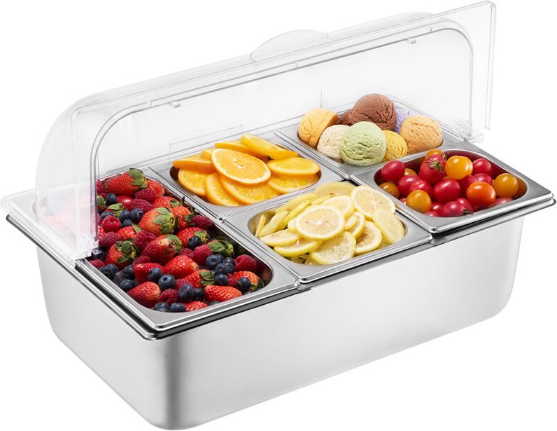 Thumbnail - Beilagenbehälter Zutatenbehälter Gastronormbehälter aus Edelstahl (1x1/3 + 4x1/6 Behälter), Präsentationsständer Buffet-...