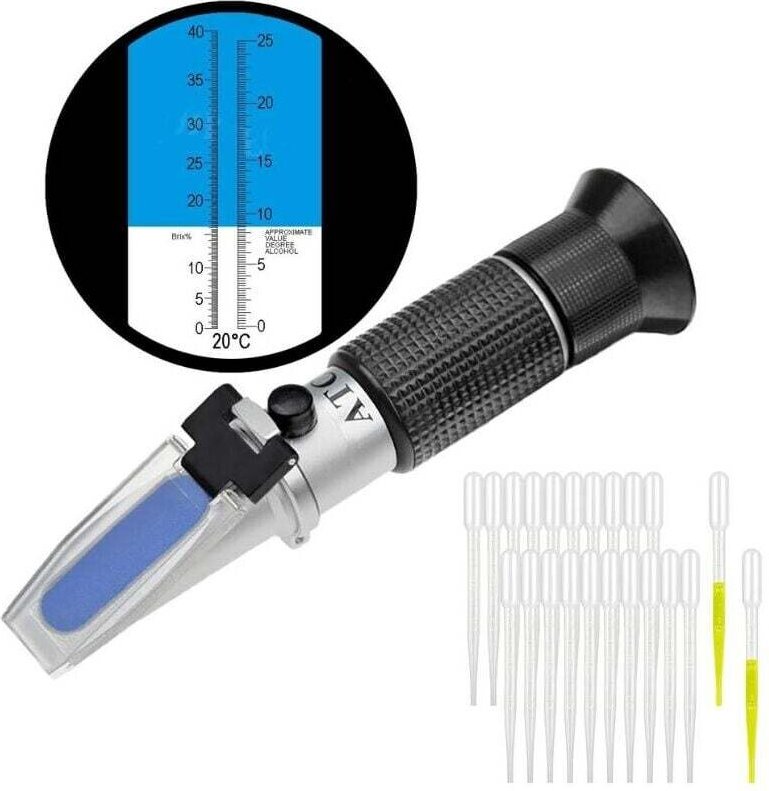 Refraktometer für Winzer. Potenzieller Alkoholgehalt: 0–25 %. Zucker: 0–40 % mit ATC für die Weinherstellung. Brix zur M...