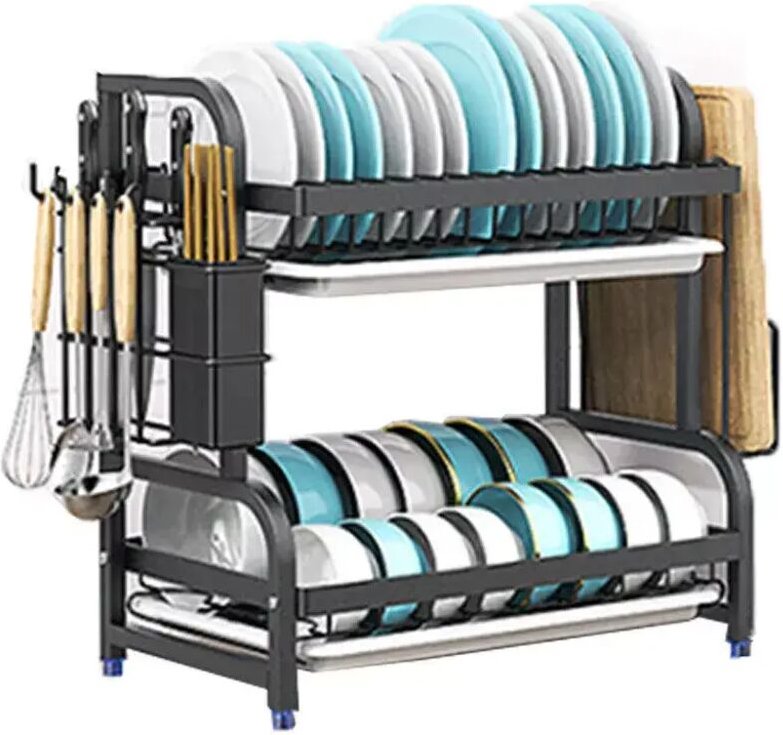 Abtropfgestell mit 2 Ebenen, Abtropfgestell für die Spüle mit Besteckhalter, Schneidebretthalter, Messerhalter, Abtropfs...