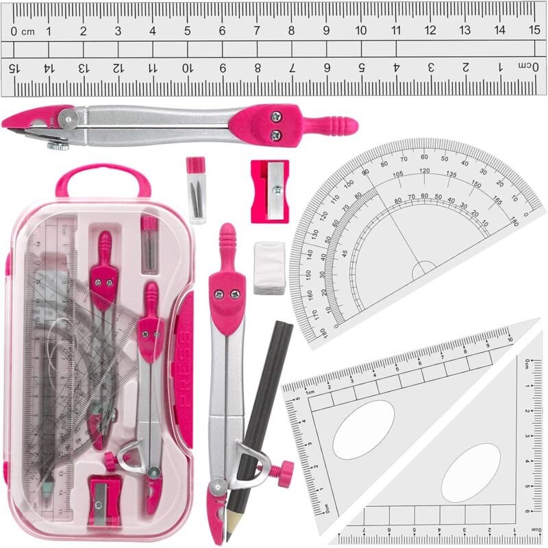 Shining House - Geometrie-Sets Zeichenzirkel, Lineale, Winkelmesser, für Studenten, Pink