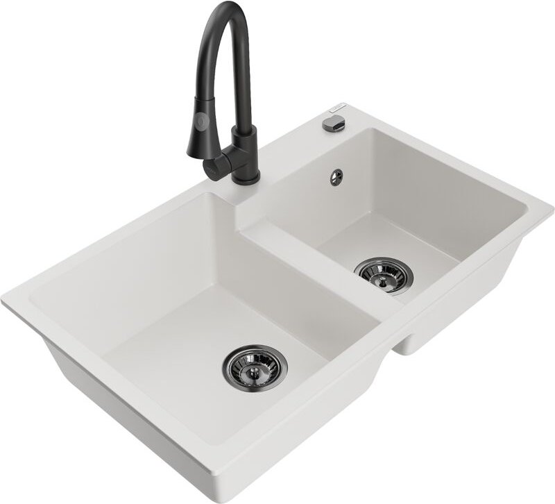 Tomas 2-Becken-Granitspüle mit Mischbatterie Elia, Weiß - 6516-20-670101-70 - Mexen