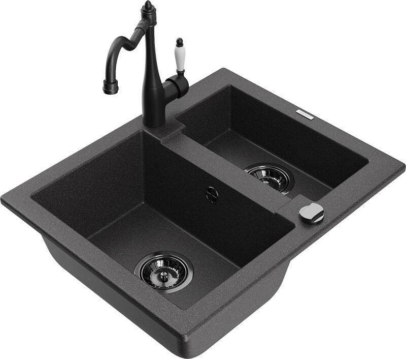 Carlos 1,5-Becken-Granitspüle mit Mischbatterie Carla, Schwarz gesprenkelt - 6518-76-670700-70-B - Mexen