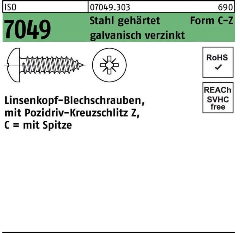 Thumbnail - ISO 7049 Form CZ Linsenkopf-Blechschraube VG 2,9x25 Stahl galvanisch verzinkt PZ 1000 Stk
