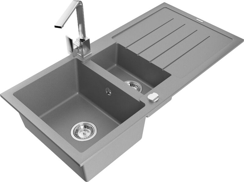 Mexen Andres 1,5-Becken-Granitspüle mit Abtropffläche und Mischbatterie Rita, Grau - 6515-71-670300-