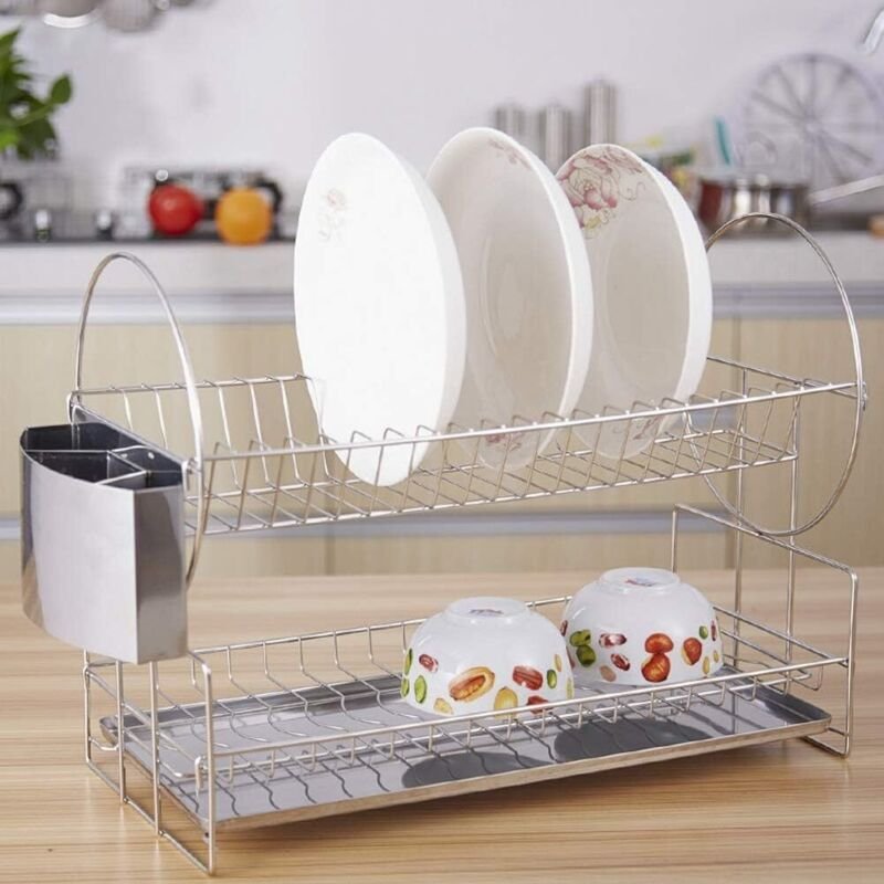 Doppellagiges Abtropfgestell aus Edelstahl 304 für Küchenspülen. Doppellagig, großes Fassungsvermögen, schnelles Abtropf...