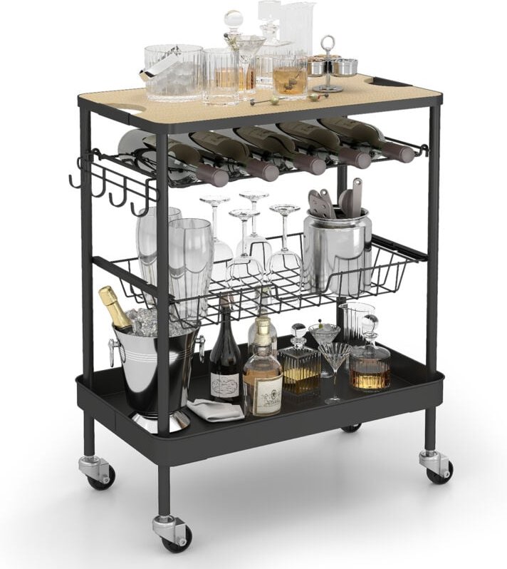 Sekey Barwagen Servierwagen mit Rollen und Arbeitsplatte, Küchenwagen mit Flaschenhalter, 36 x 59 x 75 cm