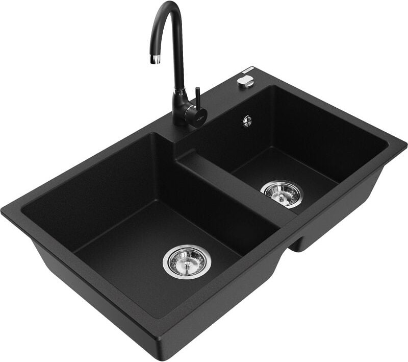 Tomas 2-Becken-Granitspüle mit Mischbatterie Telma, Schwarz - 6516-77-670200-70 - Mexen