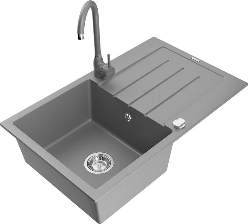 Bruno 1 Becken-Granitspüle mit Abtropffläche und Mischbatterie Telma, Grau - 6513-71-670200-71 - Mexen