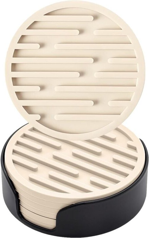 Thumbnail - 6er Set Silikon-Untersetzer 10cm Durchmesser (Beige) mit Halterungen, runde Anti-Rutsch-Untersetzer, passend für Tassen,...