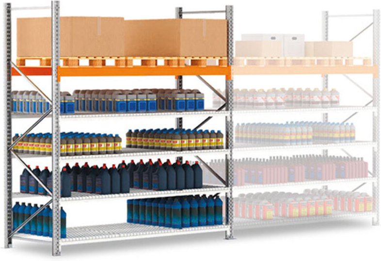 Picking-Rack 4-stufig + Paletten 2-stufig - nächstes Element: 4500x2700x1100mm - Nur mit einem Startmodul verwendbar - R...