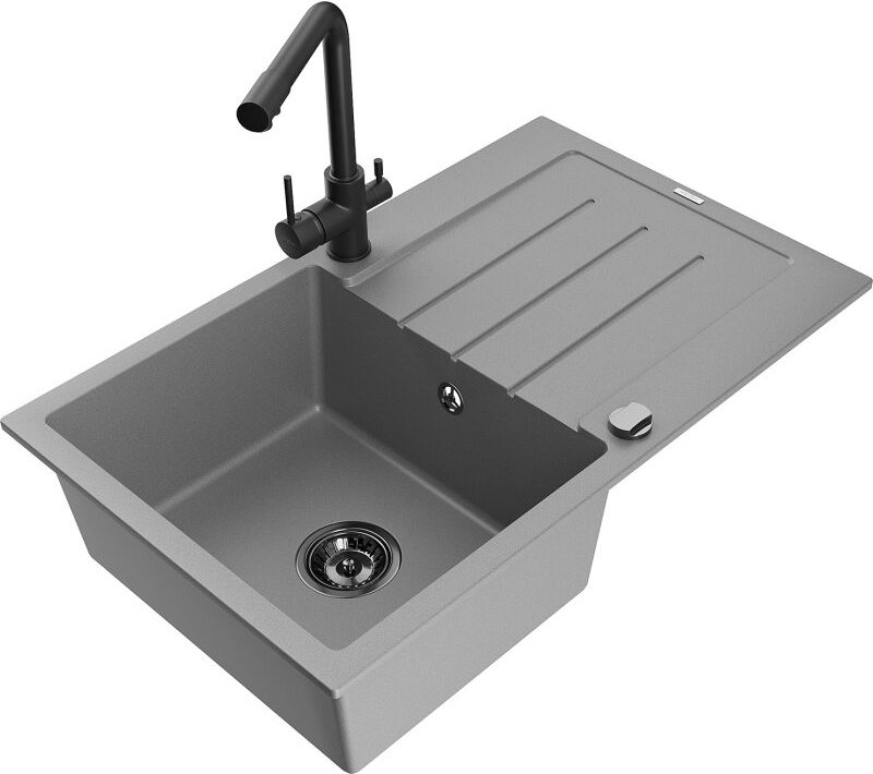 Bruno 1 Becken-Granitspüle mit Abtropffl√§che und Mischbatterie Duero, Grau - 6513-71-671600-70-B - Mexen