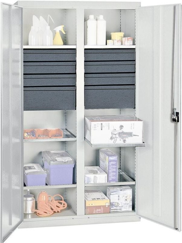 Werkzeug- und Materialschrank Serie 3000 lichtgrau + 6 Schublade 100 mm + 2 Schublade 200 mm + Mitteltrennwand + 6 Auszu...