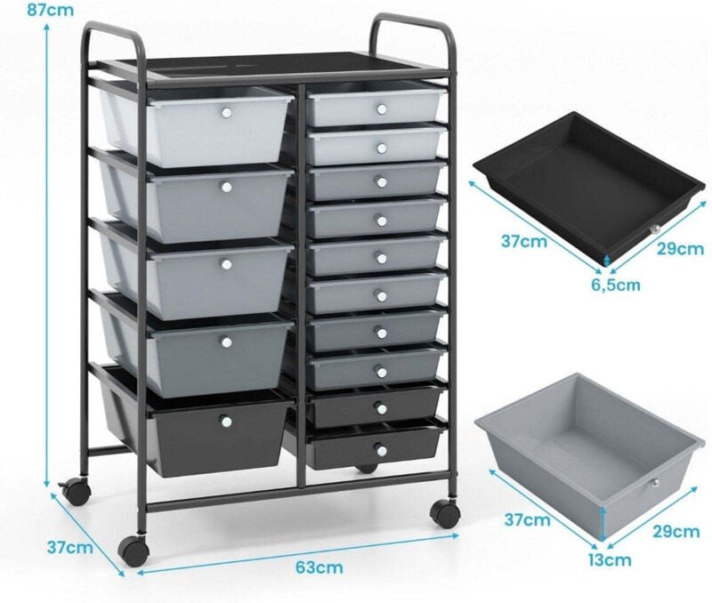 Rollwagen mit 15 stapelbaren schubladen rollcontainer beistellwagen mit 15 schubladen schwarz 625 x 37 x 87 cm