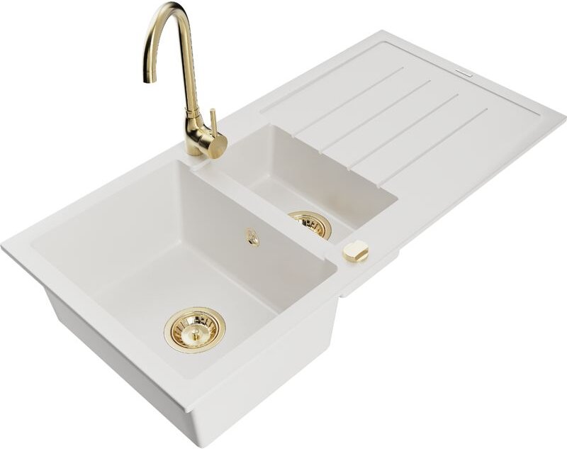 Andres 1,5-Becken-Granitspüle mit Abtropffläche und Mischbatterie Telma, Weiß - 6515-20-670200 - Mexen