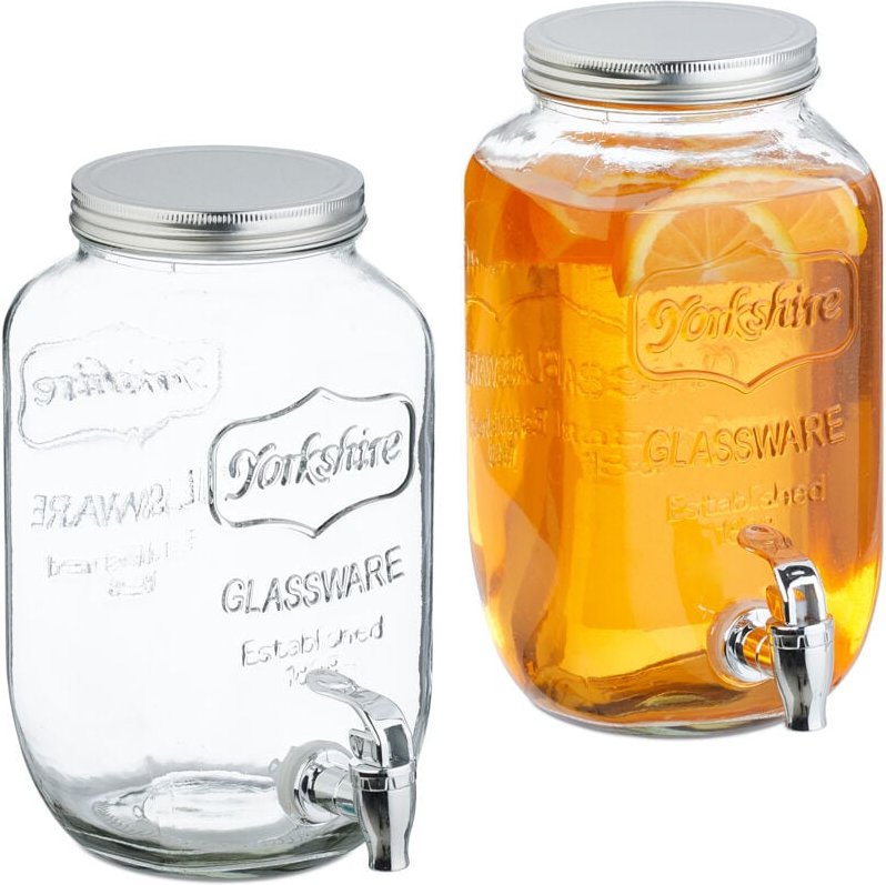 Thumbnail - Getränkespender 2er Set, Limobehälter 3,5L, Zapfhahn und Deckel, Wasserspender, Glas & Kunststoff transparent - Relaxday...