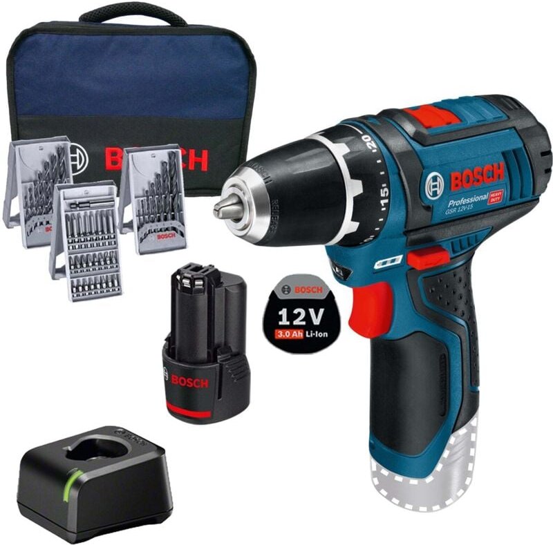Akku-Bohrschrauber gsr 12V-15 / 1x 3,0 Ah Akku + Ladegerät inkl. Zubehör im Softbag - Bosch