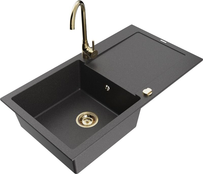 Leo 1 Becken-Granitspüle mit Abtropffläche und Mischbatterie Telma, Schwarz gesprenkelt - 6501 - Mexen