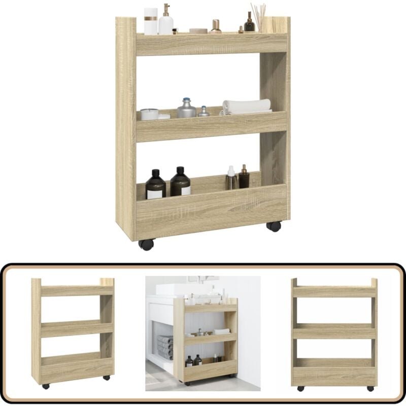 Aufbewahrungswagen Schmal 3 Etagen Sonoma Eiche Holzwerkstoff - Vidaxl