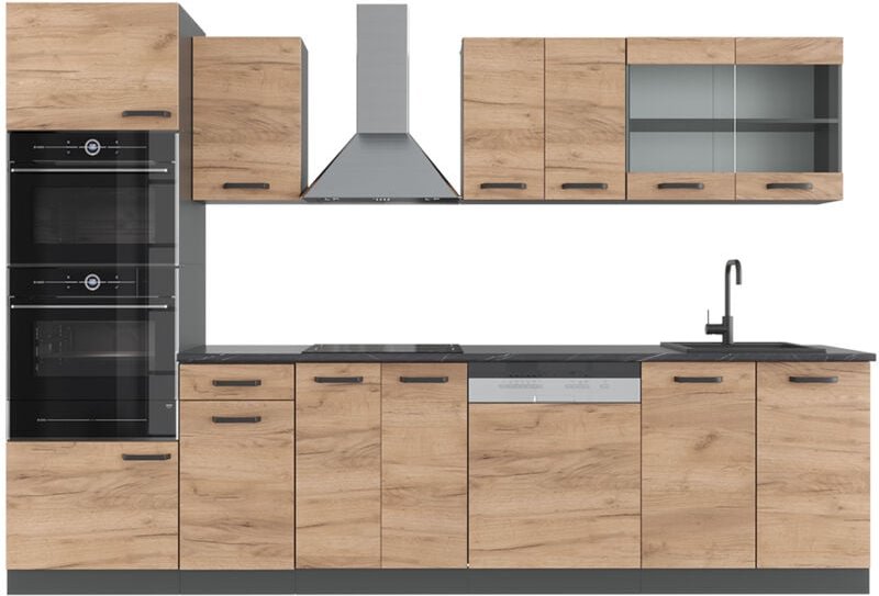 Vicco - Küchenzeile R-Line, Goldkraft Eiche/Anthrazit, 300 cm mit Hochschrank, ap Anthrazit