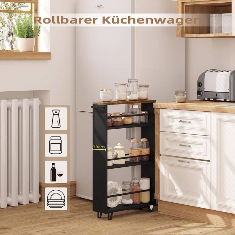 Küchenwagen mit 3 Ebenen, Küchenregal Servierwagen Nischenregal mit Rollen, Rollwagen Rollcontainer für Küche Büro, mit ...
