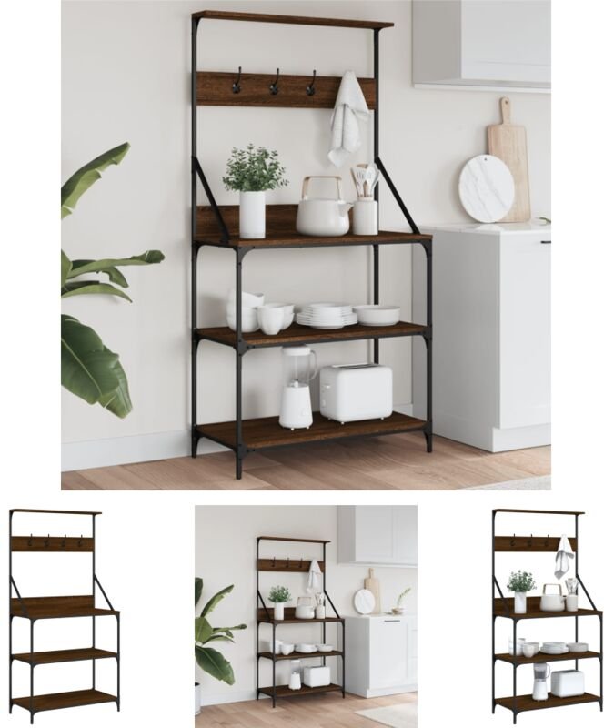 The Living Store - Bäckerregal mit Haken 4 Böden Braun Eichen-Optik Holzwerkstoff - Küchenutensilienhalter & -ablagen