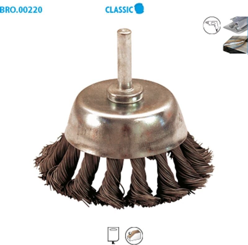 Konische Drahtbürste aus gedrehtem Stahl für Metall Classic Ø 70, Griff 6, Länge 30, nützlich 30, Draht 0,50, Packung mi...