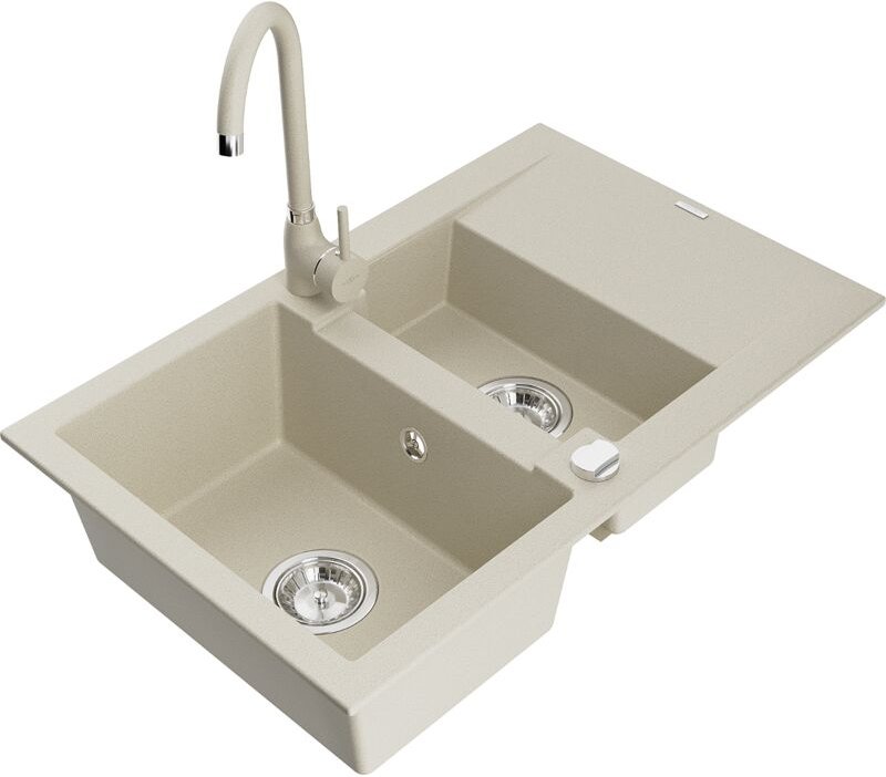 Gaspar 1,5-Becken-Granitspüle mit Abtropffläche und Mischbatterie Telma, Beige - 6507-69-67020 - Mexen