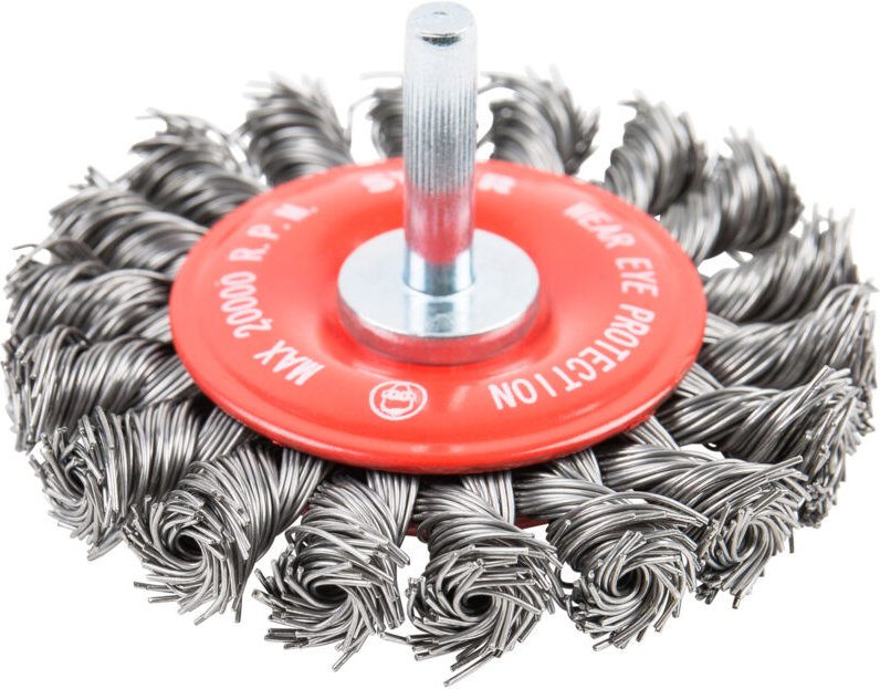 Rundbürste Scheibenbürste, 75 mm, für Bohrmaschine Geradschleifer, 6 mm Schaft, Drahtstärke 0,5 mm, gezopft, Stahl - Sti...