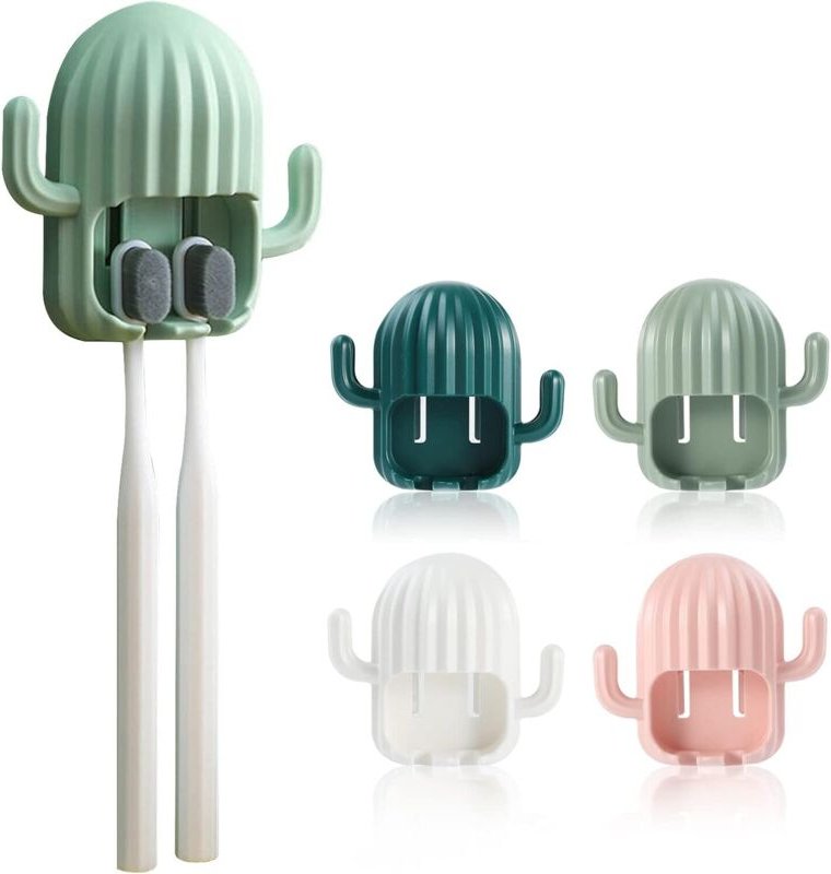 Zahnbürstenhalter, wandmontierter Zahnbürstenhalter, 4 Stück Zahnbürsten-Organizer in Kaktusform mit 2 Löchern, Zahnbürs...