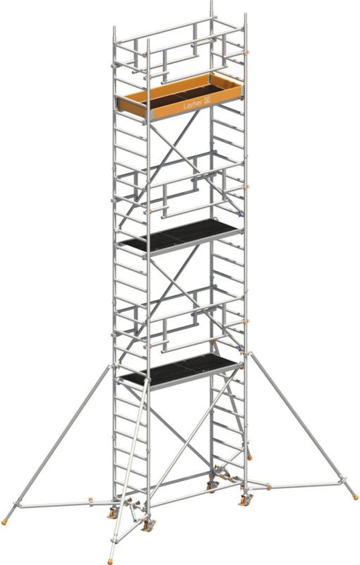 Layher Rollgerüst Uni Leicht P2 Safety Plus mit Doppelgeländer und ausziehbaren Gerüststützen 8,10m AH