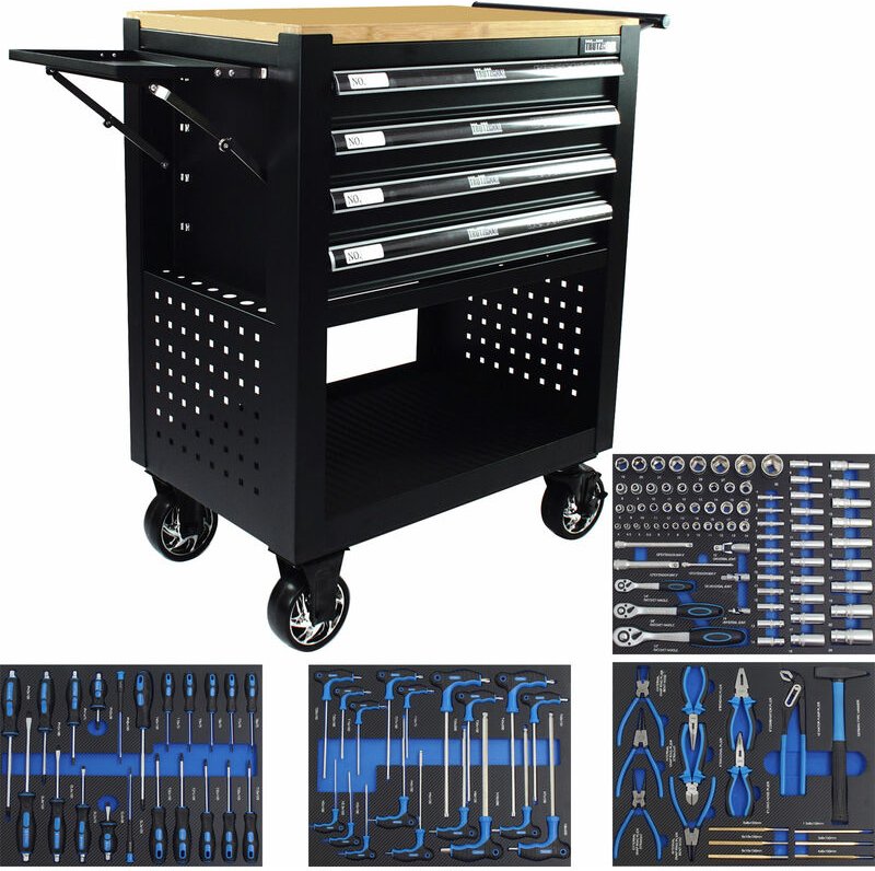 Werkstattwagen Werkzeugwagen 4 Schubladen bestückt schwarz Massivholz Platte Profi Compact
