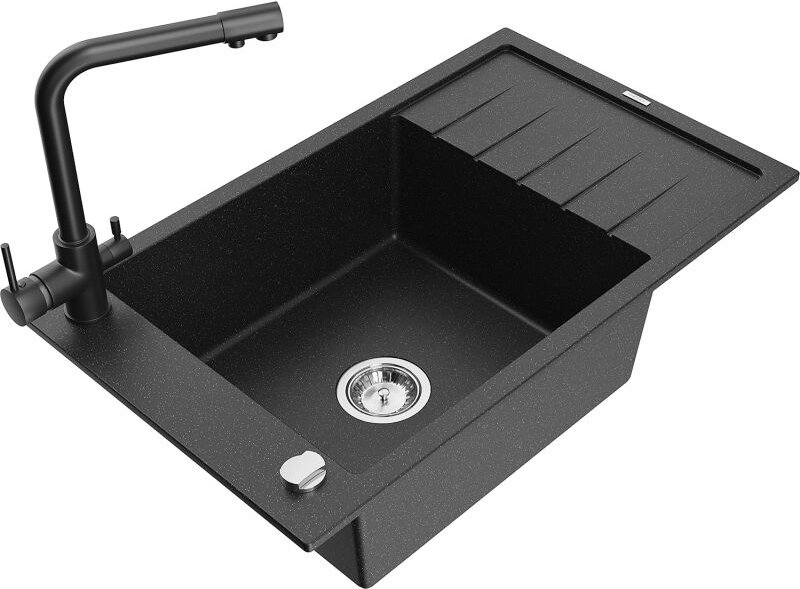 Elias 1 Becken-Granitspüle mit Abtropffl√§che und Mischbatterie Duero, Schwarz/Silbermetallic - 6511-73-671600-70 - Mexe...