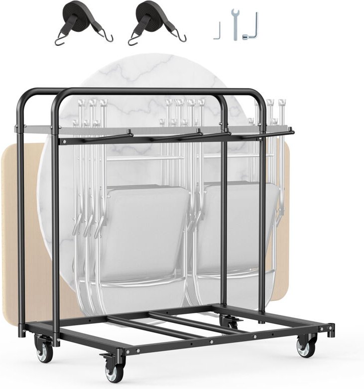 Stuhlkarre, Klappstuhlwagen, 180 kg, für 5 Tische + 14 Stühle, Stuhlaufbewahrungswagen mit Stuhlhalter mit Lenkrollen & ...