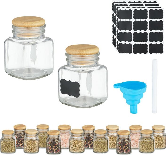Thumbnail - Gewürzgläser 16er Set, eckig, Gewürzdosen Glas, 100 ml, mit Etiketten, Stift & Trichter, transparent/natur - Relaxdays