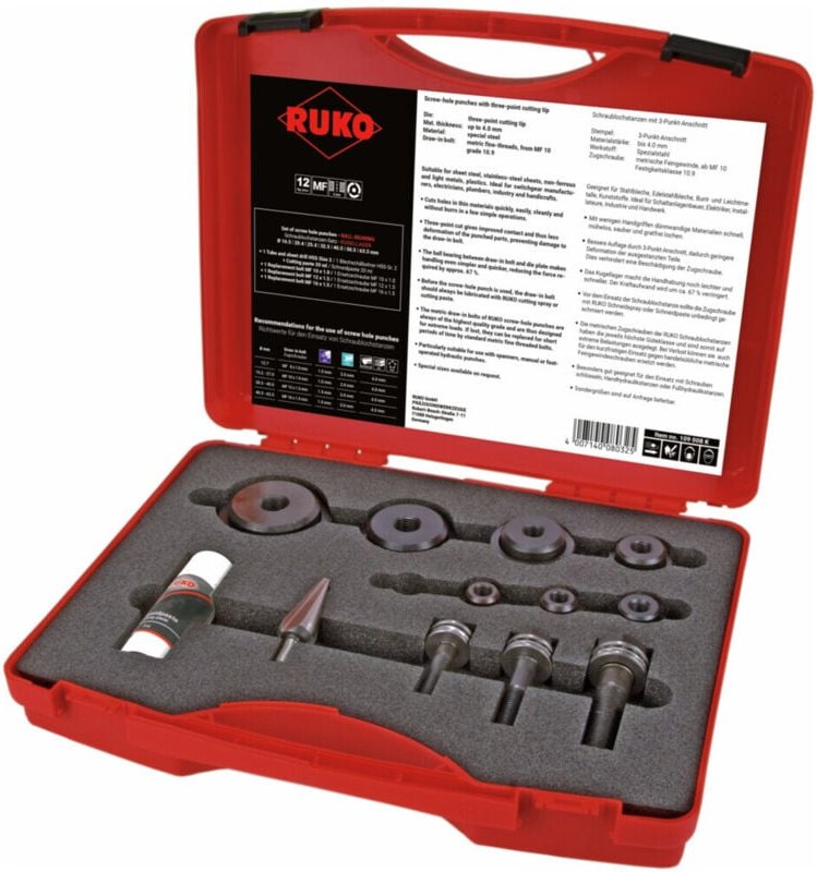 RUKO Schraublochstanzen-Satz mit Kugellager im Kunststoffkoffer - 12 tlg. - 109008K