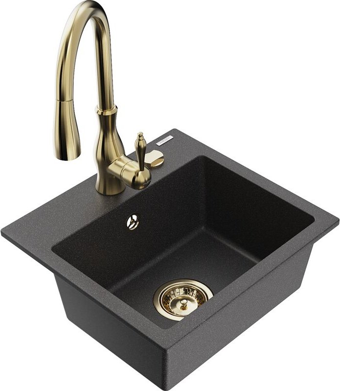 Mexen Milo 1-Becken-Granit-Spüle mit Mischbatterie Savita, Schwarz gesprenkelt - 6505-76-672601-50