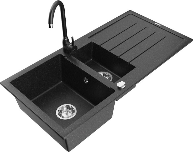 Thumbnail - Andres 1,5-Becken-Granitspüle mit Abtropffläche und Mischbatterie Telma, Schwarz/Silber - 6515 - Mexen