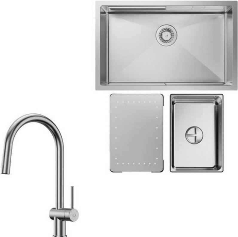 Küchenspüle 1.5 Becken 70x44cm EdelstahlSpüle Gebürstete Unterbauspüle + Ausziehbarer Küchenarmatur gebürstete Mit 2 Str...